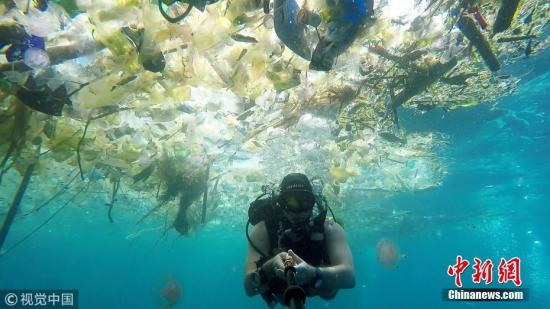 资料图：当地时间2018年3月3日，一名英国男子在巴厘岛海域潜水时拍下触目惊心的一幕。海洋中漂浮着大量塑料垃圾：瓶子、袋子、杯子、桶、吸管等等，鱼类及其他海洋生物都避之而不及。