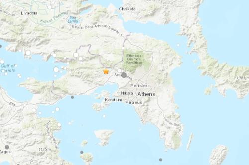 雅典附近发生5.3级地震。(图片来源：美国地质勘探局网站截图)
