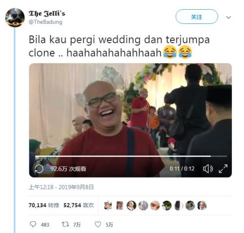 一男子在参加友人婚礼时，发现一名和他长得几乎一模一样，甚至连穿着都差不多的陌生人。图片来源：社交媒体截图。