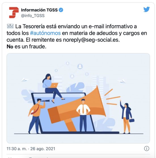 “社保局正在向所有个体户发送邮件通知，内容涉及债务和费用问题。发件人地址为noreply@seg-social.es。这不是诈骗。”