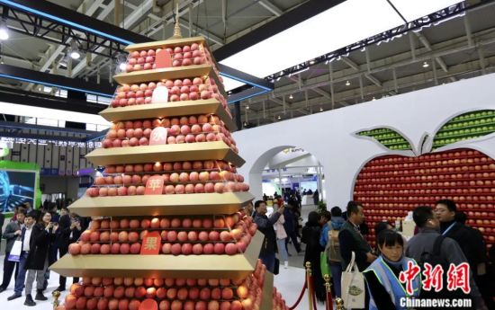 2018年全国新农民新技术创业创新博览会在南京国际博览中心举办。图为用苹果搭建成的西安“大雁塔”吸引了观众的目光。中新社记者 泱波 摄