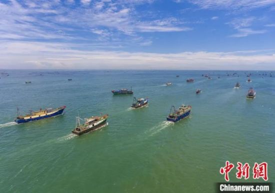2021年8月16日，航拍海南临高新盈港，渔船扬帆起航、耕海牧渔。中新社记者 骆云飞 摄