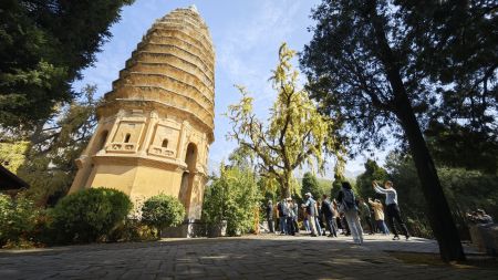 图为海外华文媒体代表在参观嵩岳寺塔。