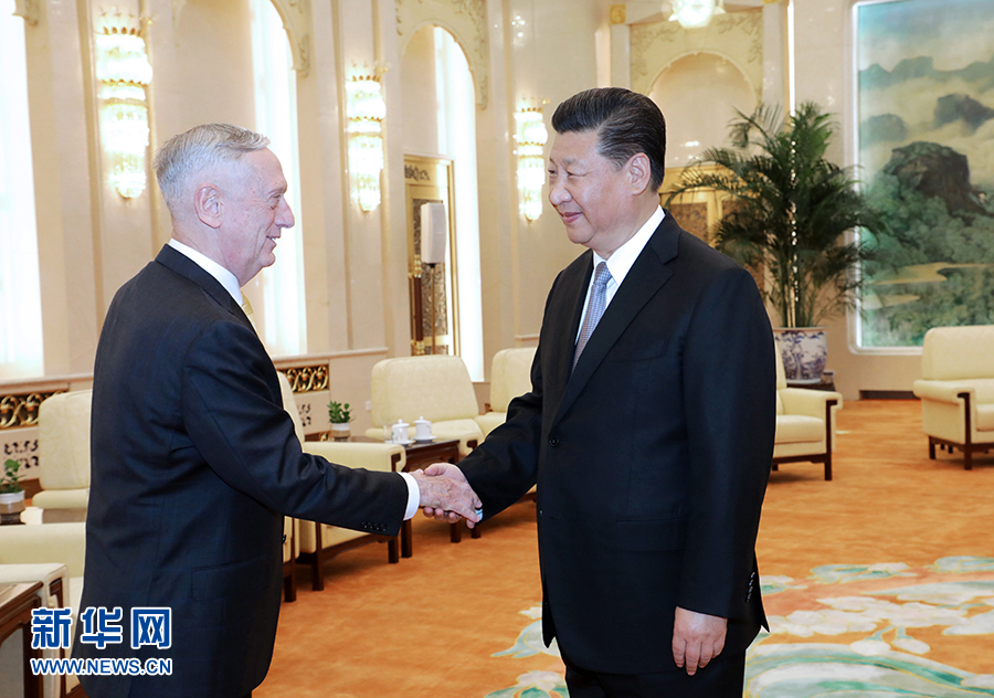 6月27日，国家主席习近平在北京人民大会堂会见来访的美国国防部长马蒂斯。新华社记者李刚摄