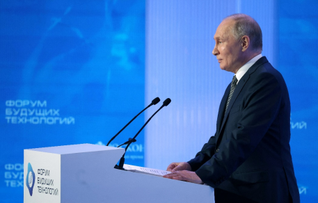 2024年2月14日，俄罗斯总统普京在莫斯科举行的未来技术论坛上发表讲话