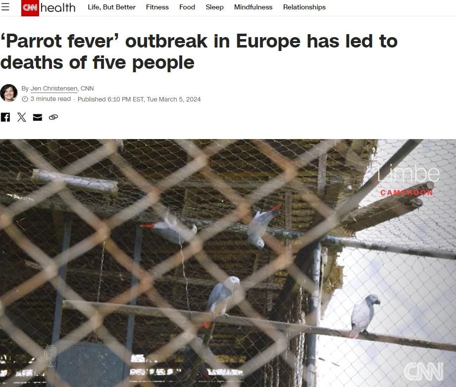 世卫组织5日证实欧洲爆发致命“鹦鹉热”，目前已经造成5人死亡。（美国有线电视新闻网（CNN）报道截图）
